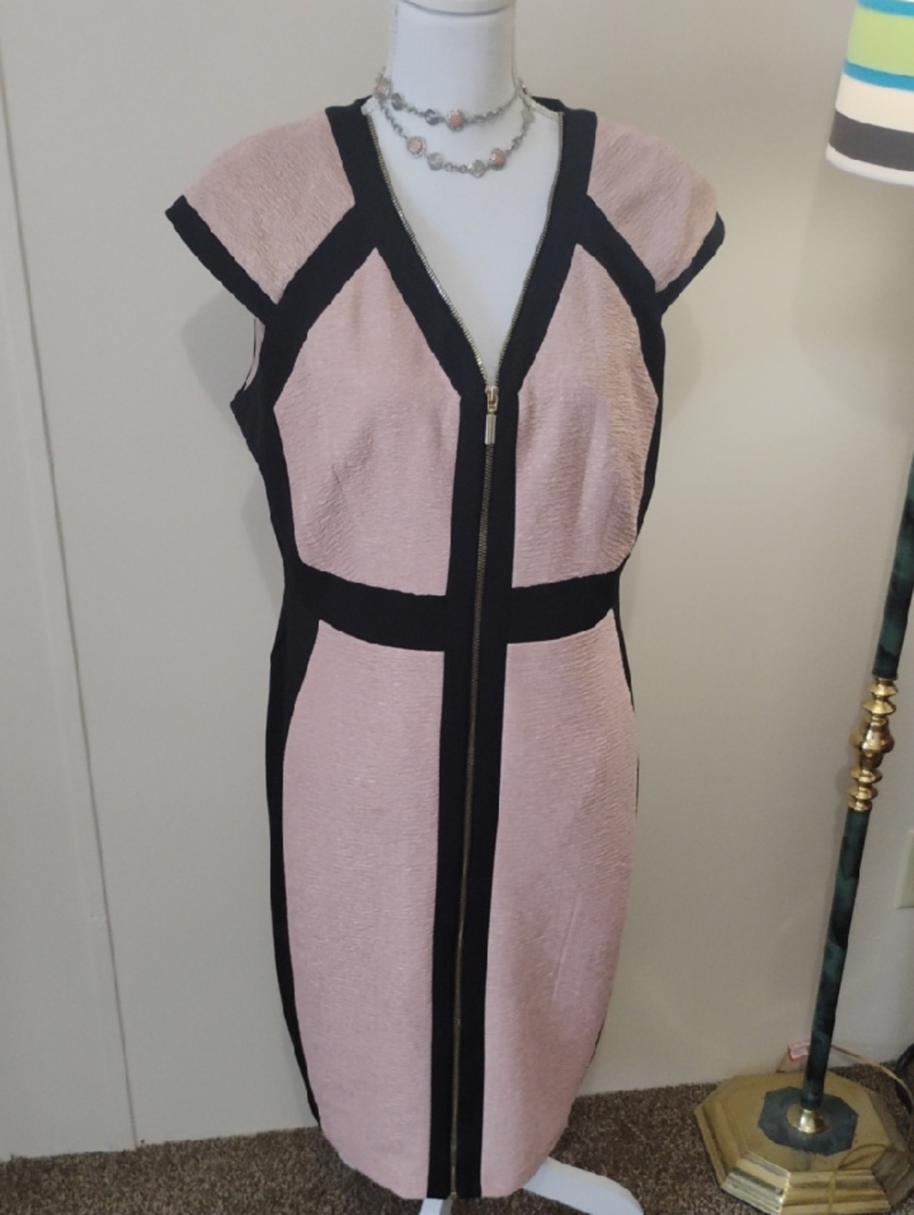 Jax Pink and Black Zip-Front Sheath Midi Dress